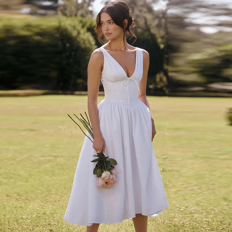 White V-neck Elegant Corset Dress