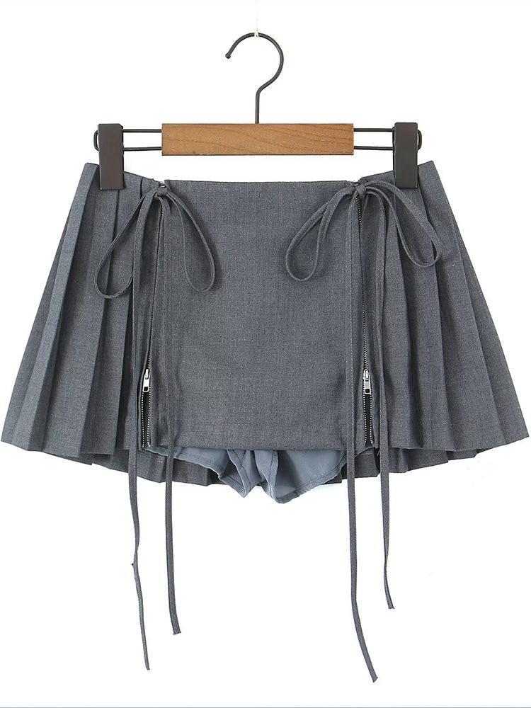 Zipped Strings Pleated Mini Skirts