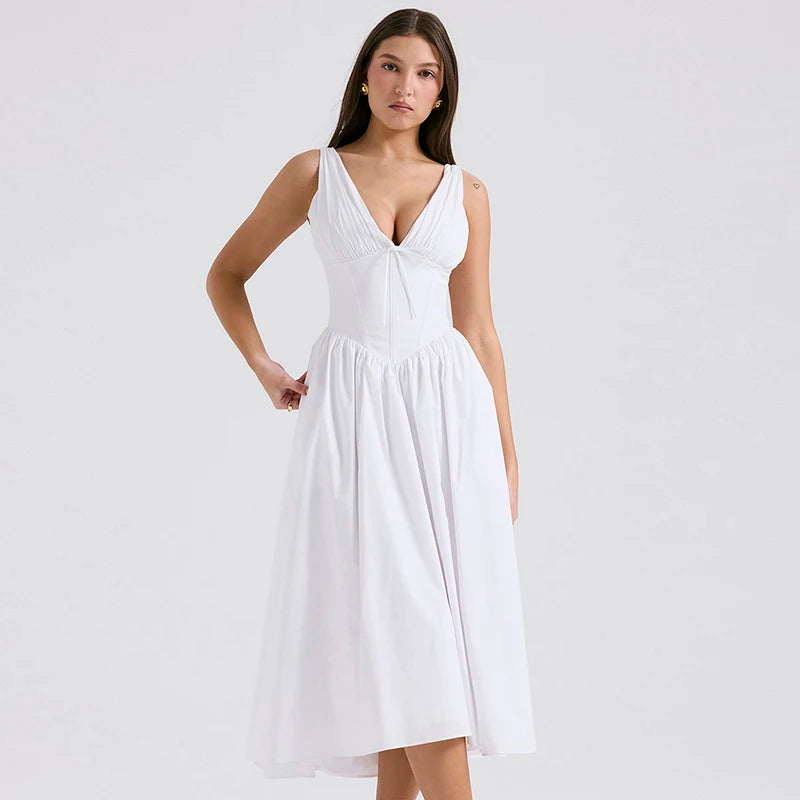 White V-neck Elegant Corset Dress