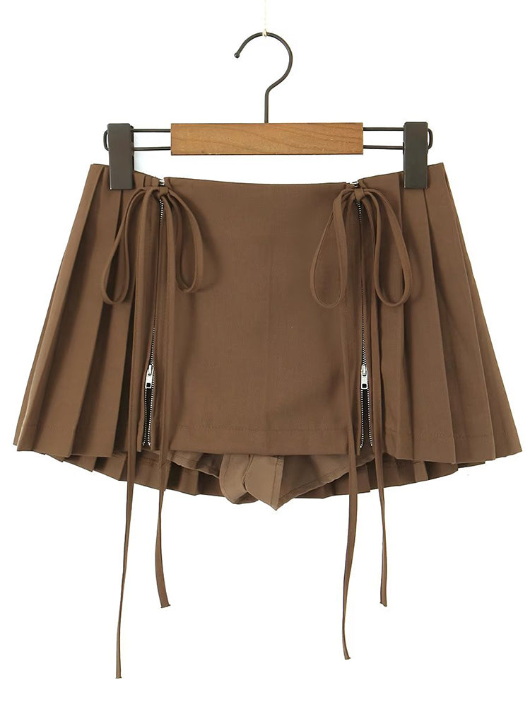 Zipped Strings Pleated Mini Skirts