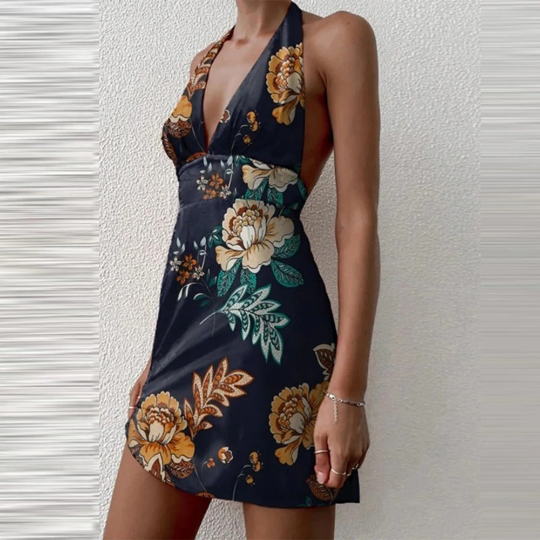 Floral Print Sleeveless Deep V-neck Cut Elegant Dress