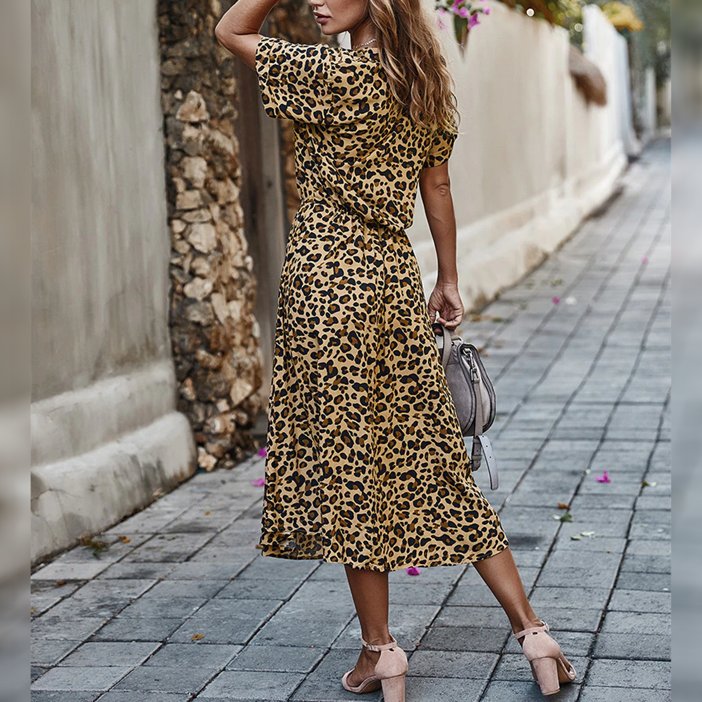 Ladies Bohemian Leopard Print Casual Midi Dress