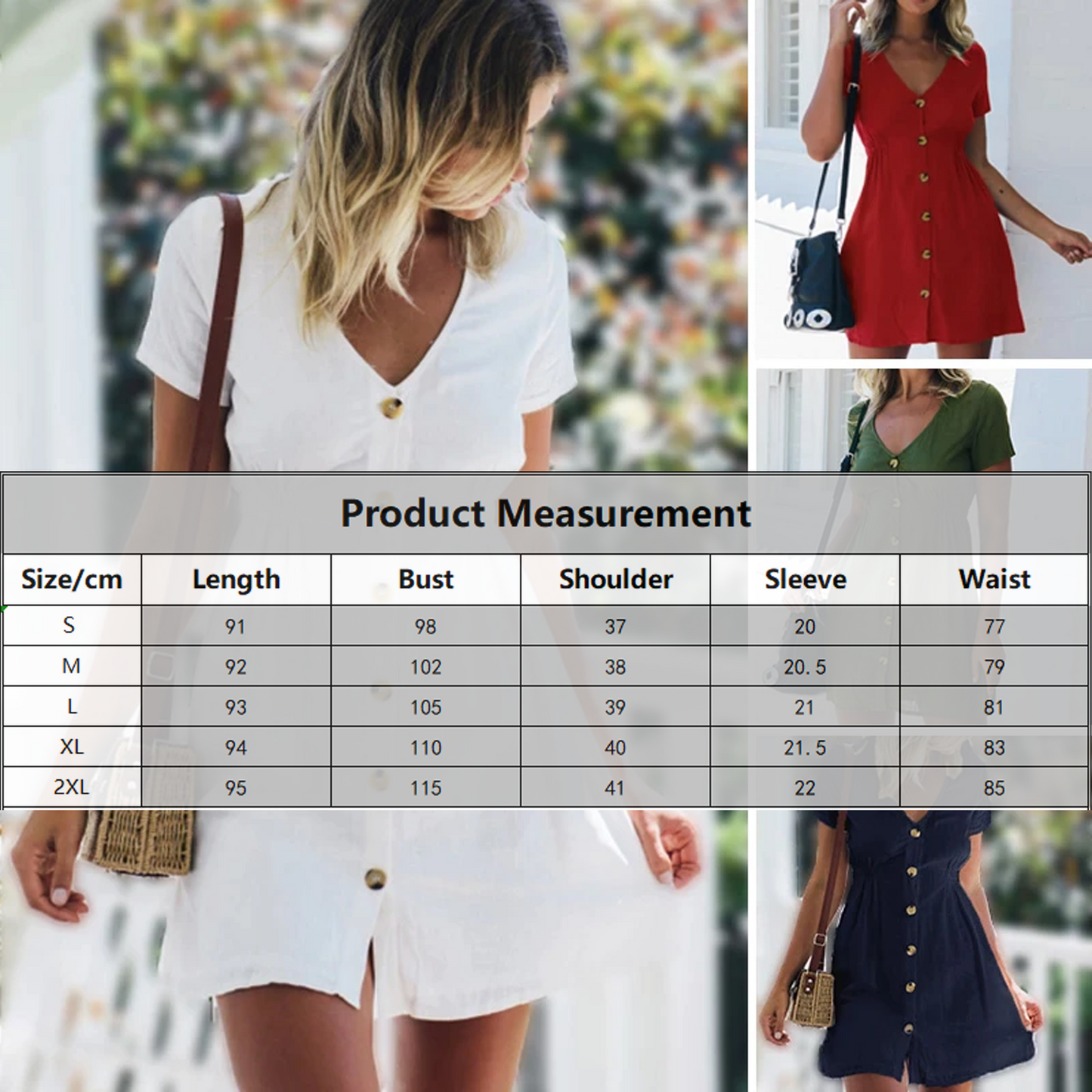 Women's Slim Pure Color Single Row Buttons V-Neck Casual Dress