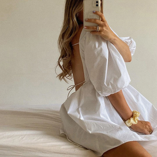 Puff Shoulder Sleeves Mini Dress - White Trendy Fashion Casual