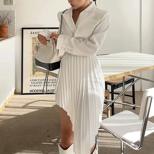 Two Piece Long Sleeve Blazer - High Waist Irregular Hem Skirt
