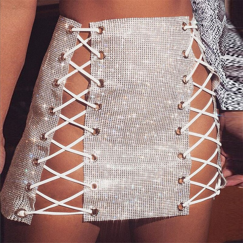 Rhinestone Lace Up Mini Skirt