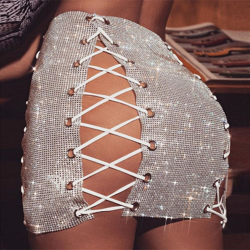 Rhinestone Lace Up Mini Skirt