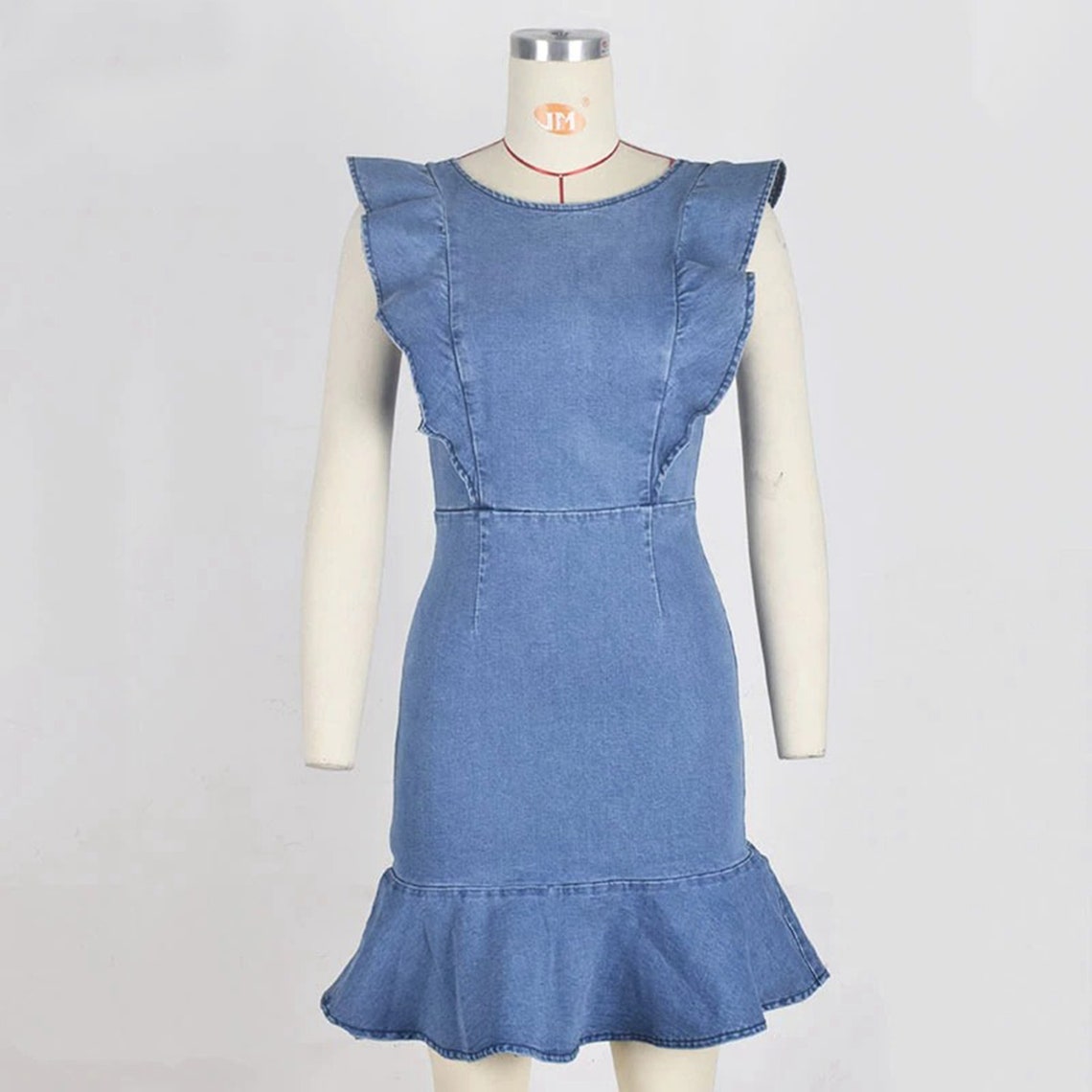 O-neck Ruffled Sleeveless Denim Mini Dress