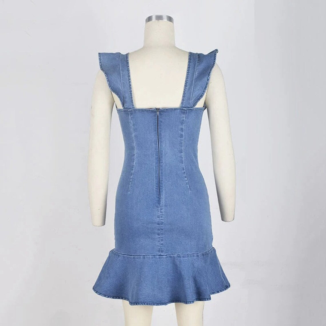 O-neck Ruffled Sleeveless Denim Mini Dress