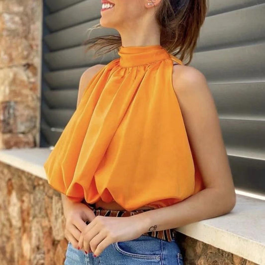 Orange Pleated High Neck Bow Knot Back Lantern Top