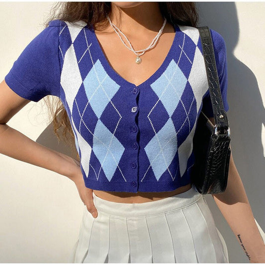 Single Breasted Argyle Plaid Vintage Crop Top