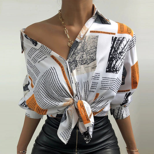 Newspaper Print Lantern Sleeves Fashion Blouse