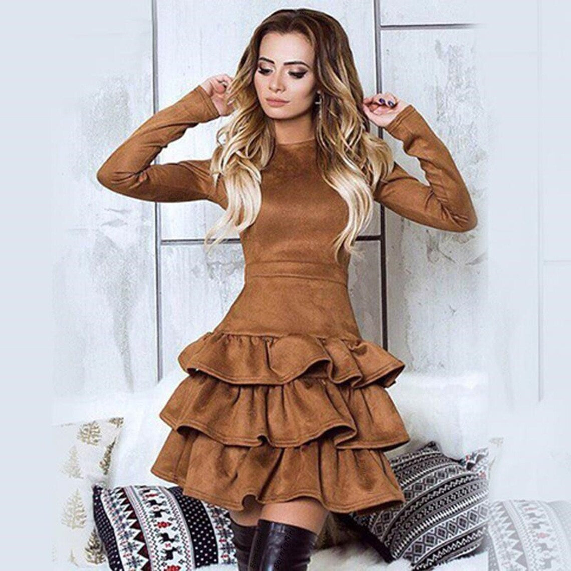 Multilayered Ruffle Skirt Vintage O-neck Mini Dress