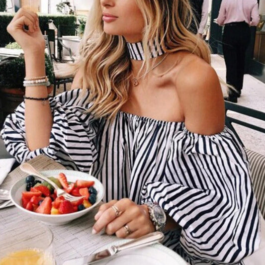 Elegant Off Shoulder Printed Stripes Top With Choker