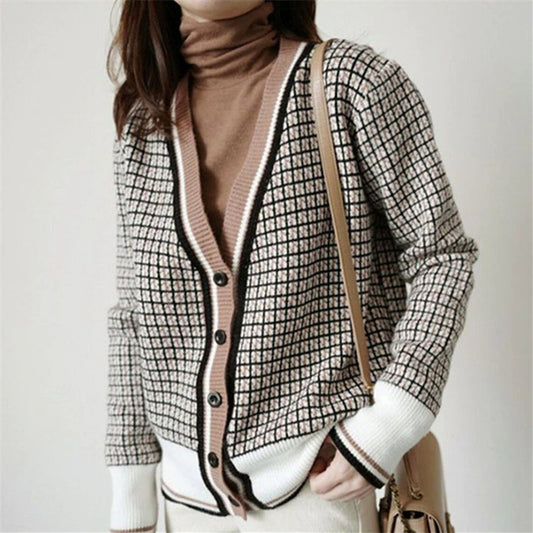 Checkered V-neck Button Fashion Autumn Cardigan