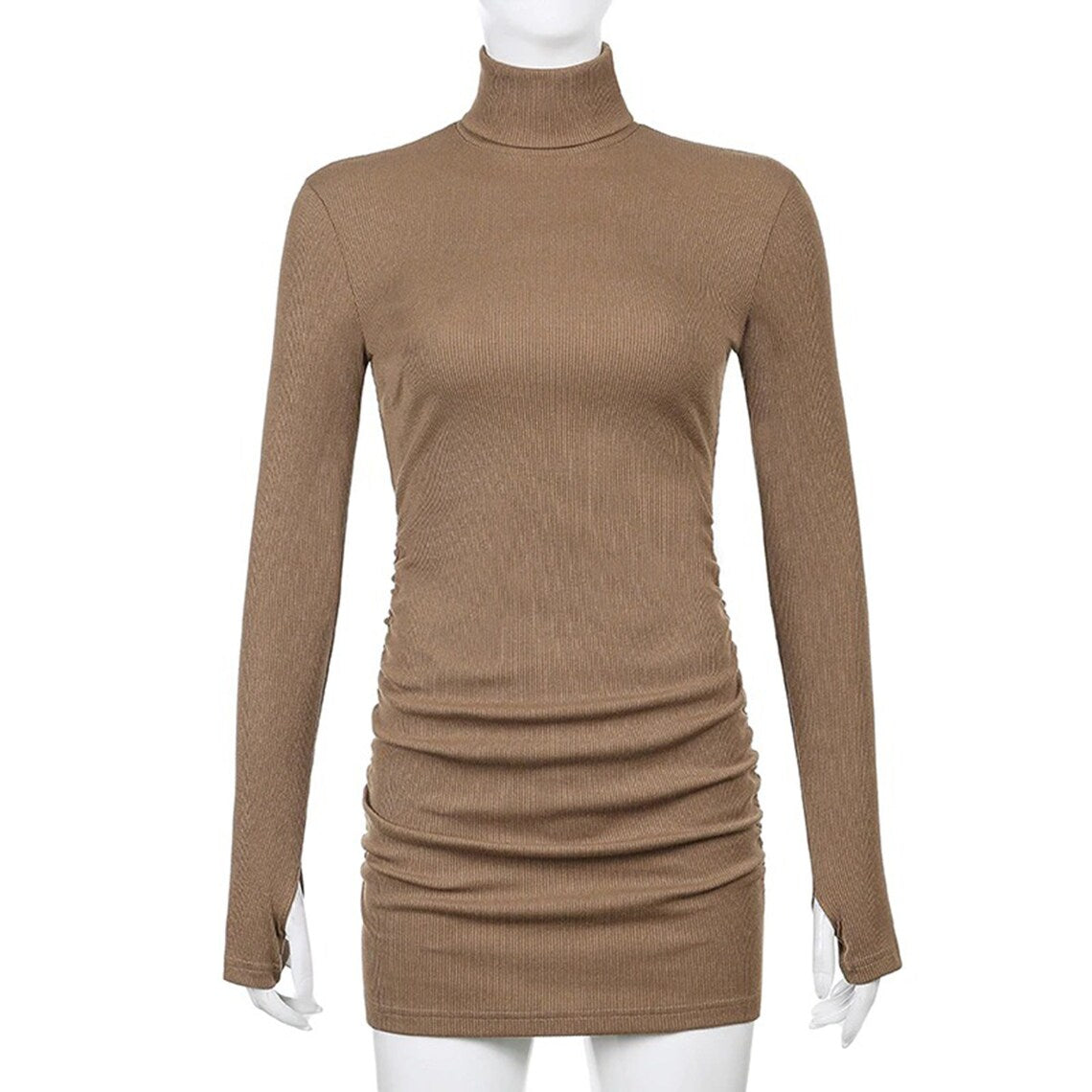 Sexy Knitted Ribbed Turtleneck Mini Dress