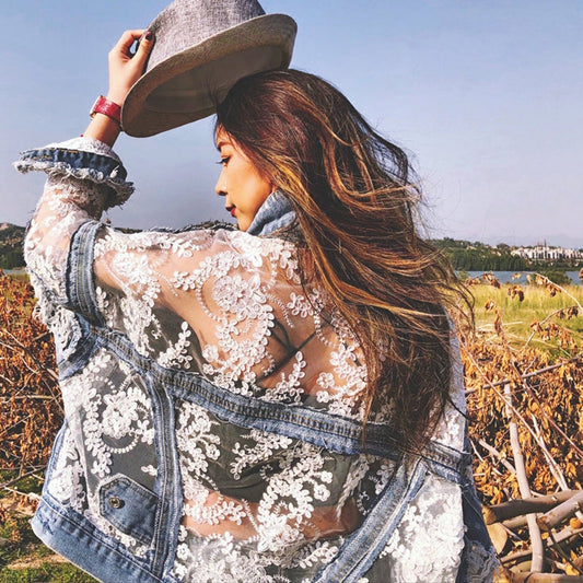 Transparent Embroidery Floral Mesh Lace Denim Jacket