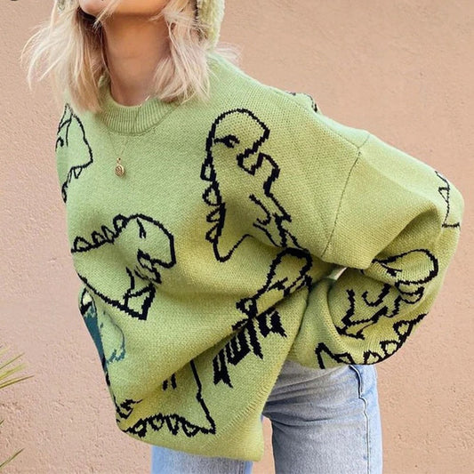 Mini Dinosaur Cartoon Print Loose Sweatshirt