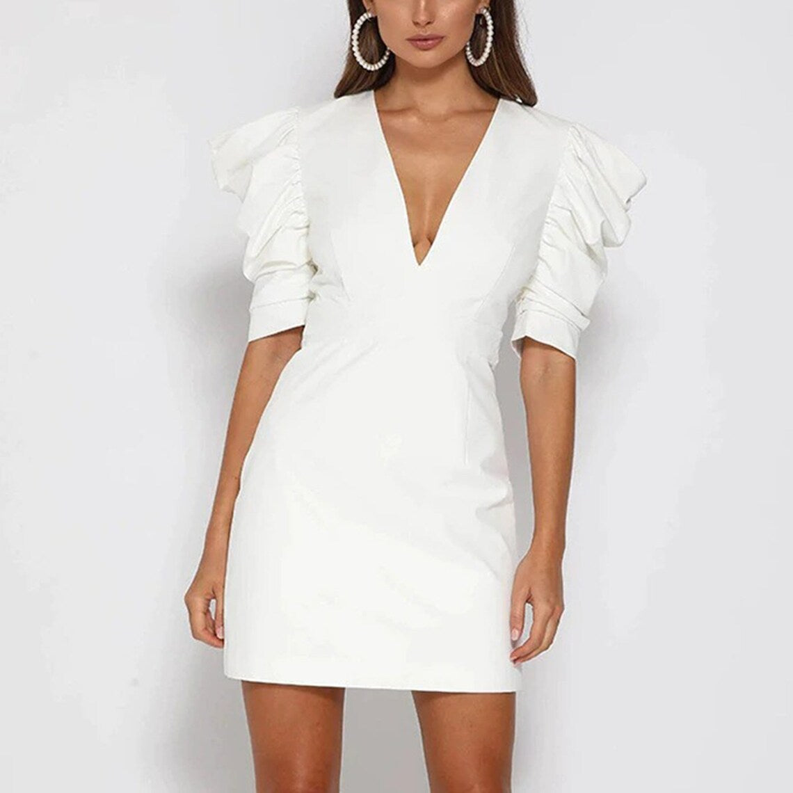 Elegant Deep V Puff Shoulder Mini Slim Dress