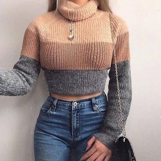 Soft Turtleneck Patchwork Stripes Color Style Sweaters