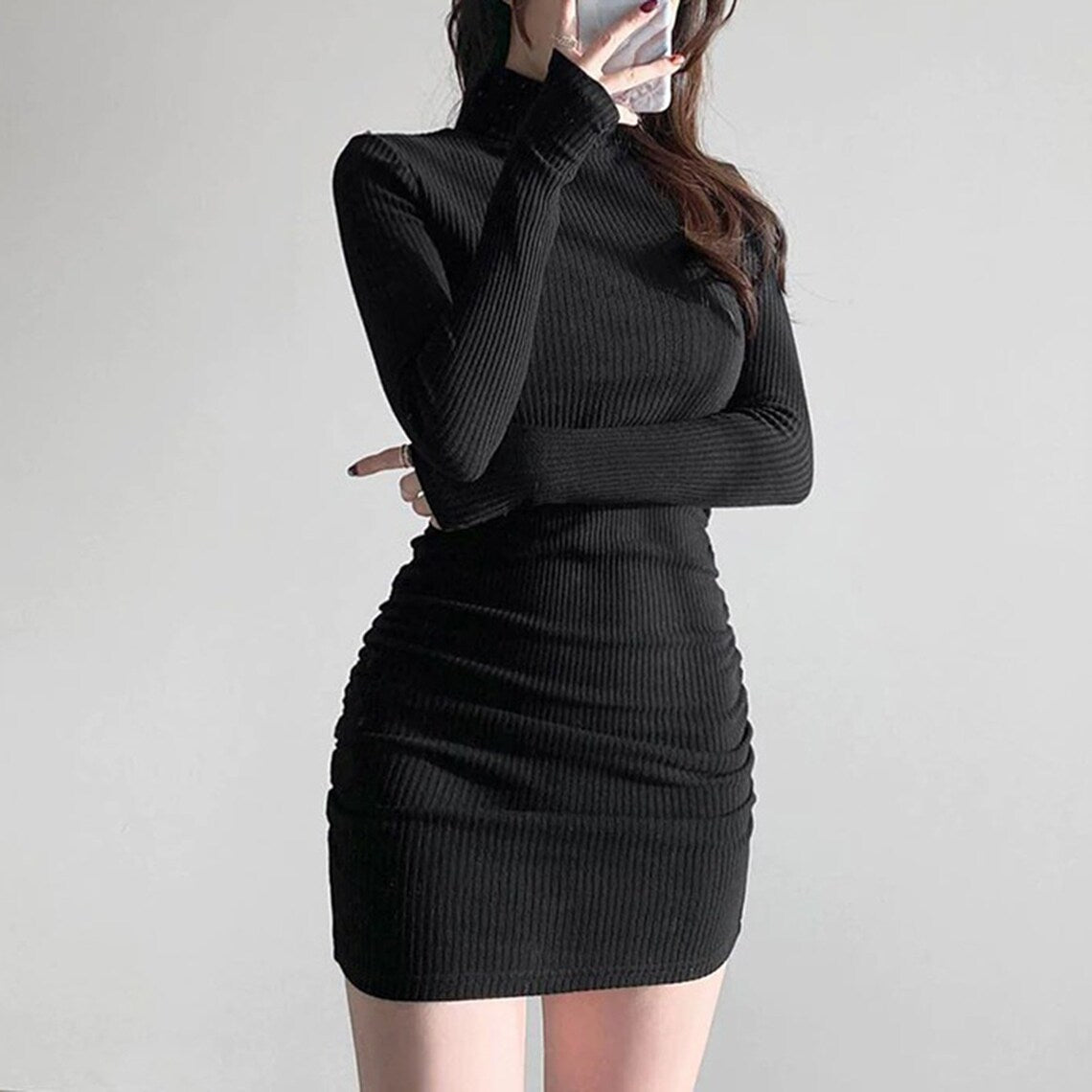 Sexy Knitted Ribbed Turtleneck Mini Dress