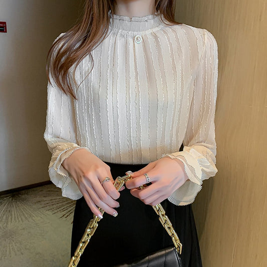 Elegant Class White Pearl Chiffon Blouse