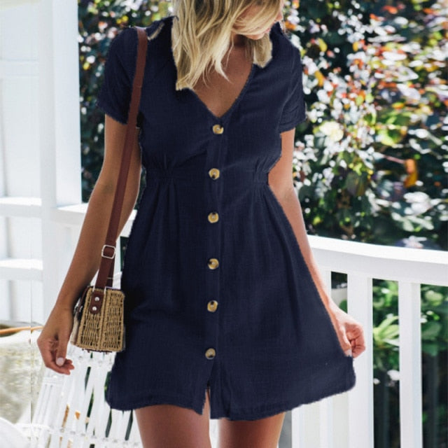 Women's Slim Pure Color Single Row Buttons V-Neck Casual Dress