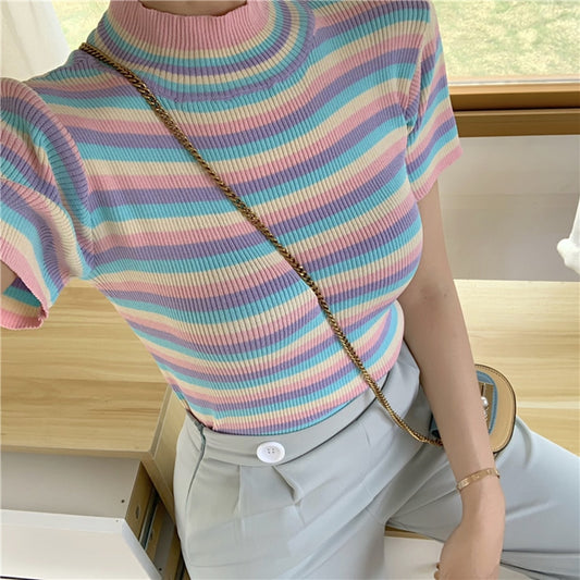 Colorful Kpop Fashion Rainbow Stripes Print High Neck Style T Shirt(One Size)