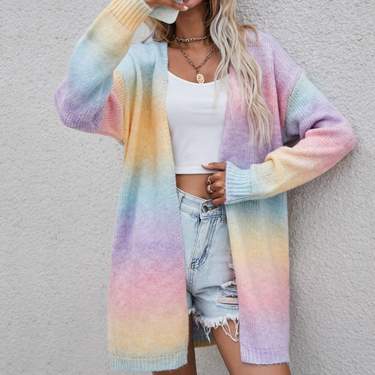 Colorful Rainbow Style Women's Tie Dye Cardigan - Mid-length Knitted Autumn Fashion Casual Sweater